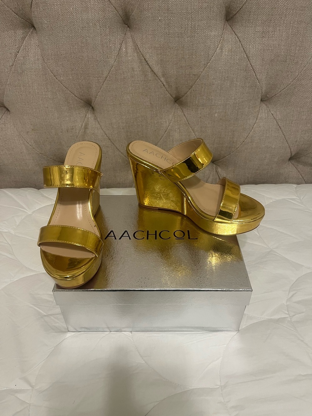 Metallic Gold Wedge Slide Sandals
